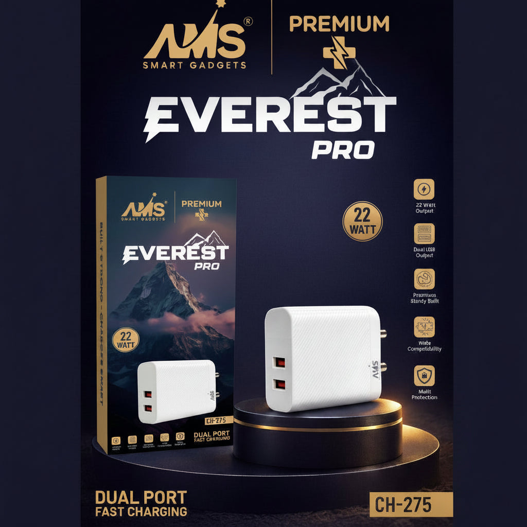 AMS Everest Pro 22W Fast Charger CH-275 Dual USB Mobile Adapter V8