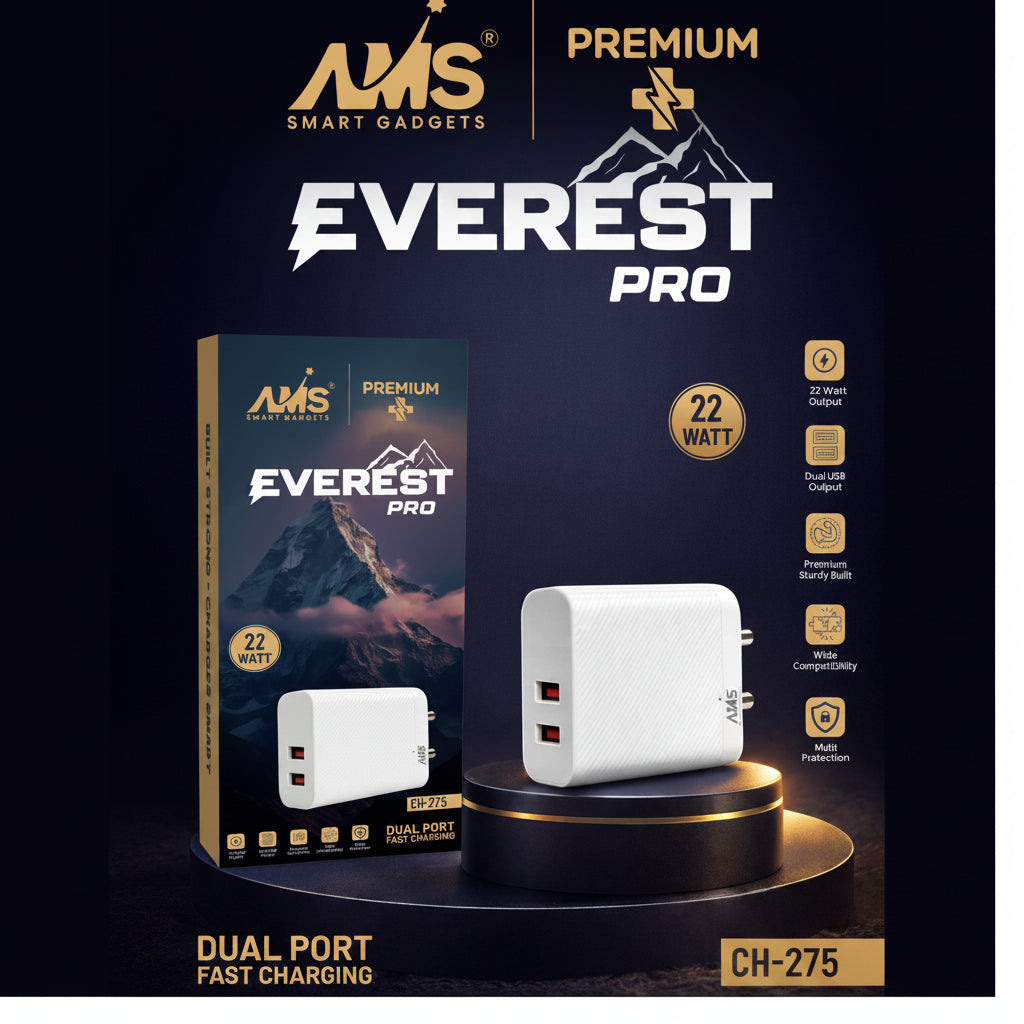 AMS Everest Pro 22W Fast Charger CH-275 Dual Port Type-C Mobile Adapter