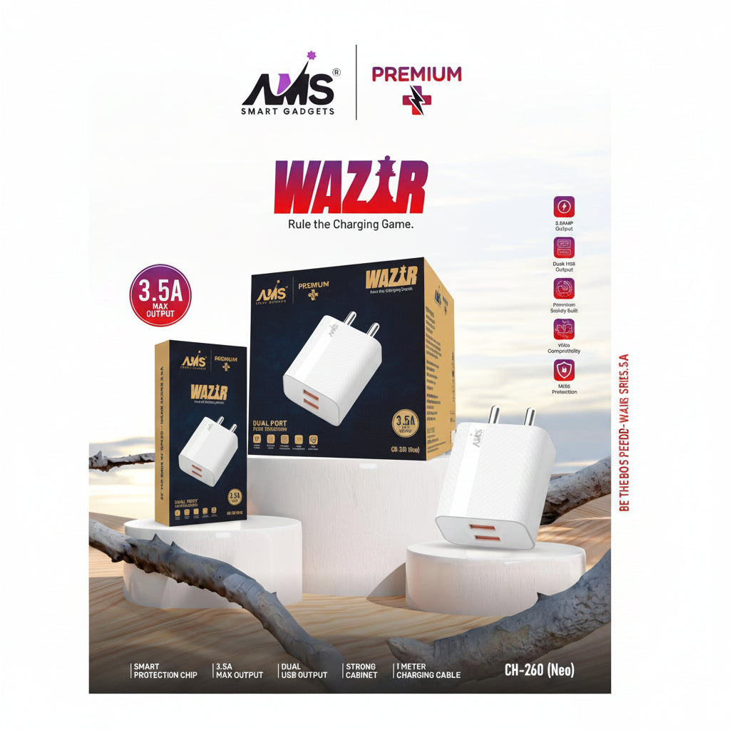 AMS Wazir 3.5A Type-C Fast Charger Dual USB Wall Adapter CH-260 Neo