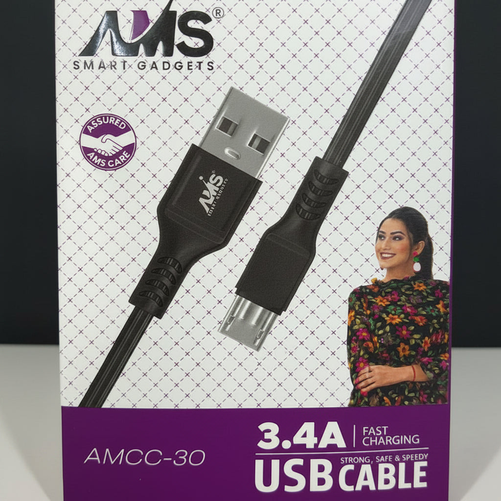 AMS 3.4A Fast Charging Micro USB Cable AMCC-80 V8 Data Cable