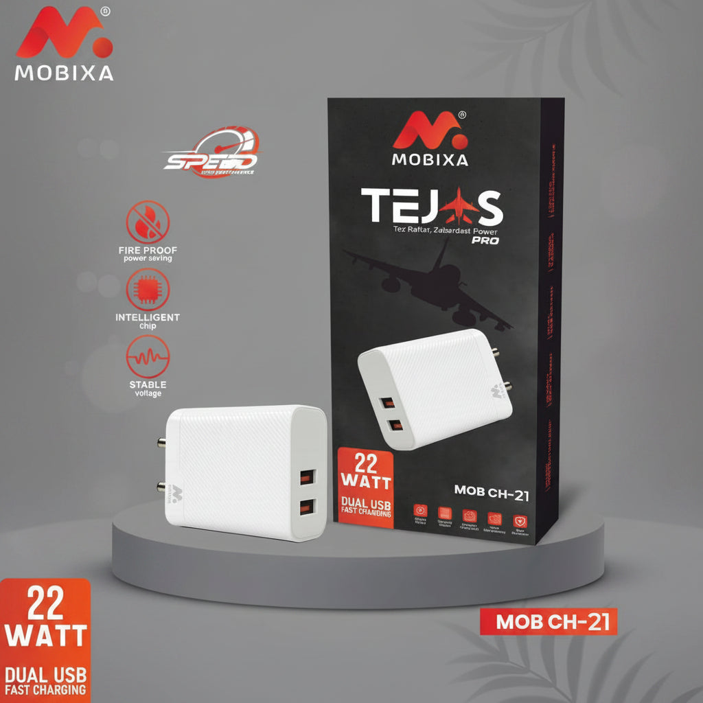 Mobixa Tejas Pro 22W Fast Charger | Dual USB Output | MOB CH-21 Adapter