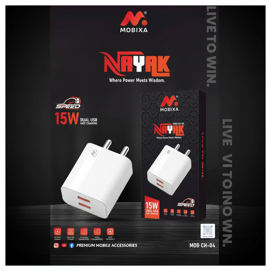 Mobixa Nayak 15W Dual USB Fast Charger Type-C Adapter CH-04