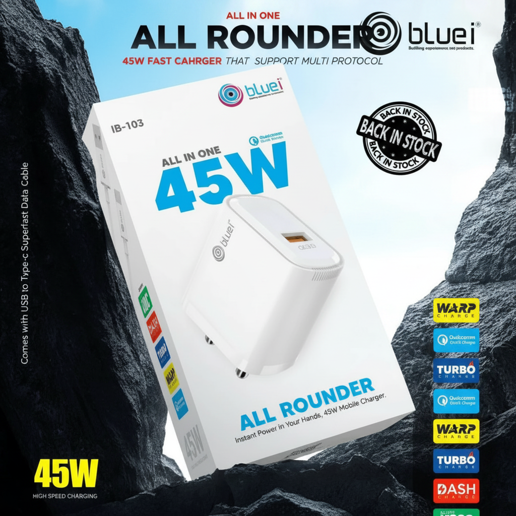 Bluei IB-103 45W Fast Charger | All-in-One Multi-Protocol Mobile Charger with Type-C Cable
