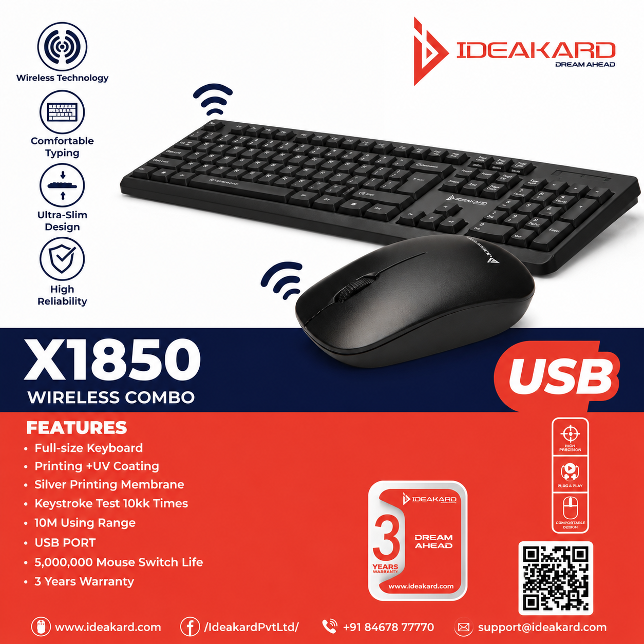 Ideacard X1850 Wireless Keyboard & Mouse Combo | 2.4GHz USB Keyboard and Mouse Set for PC & Laptop