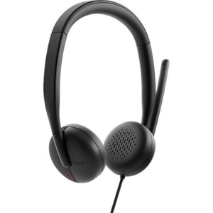 PcOffer Dell WH3024 black wired on-ear headset with AI noise cancellation and rotatable boom microphone.