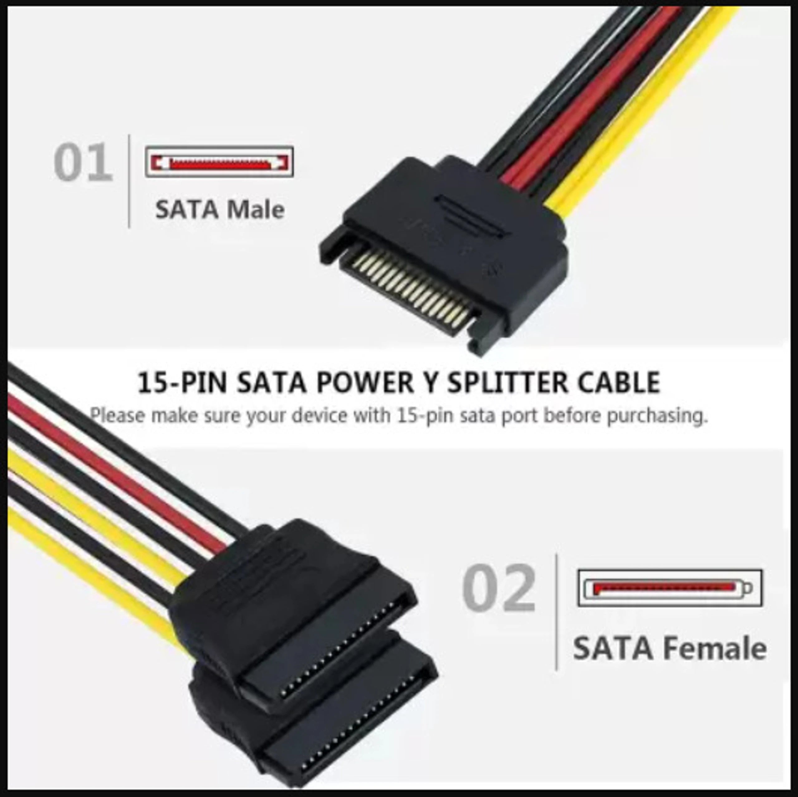 RANZ SATA Power Y Cable | SATA Power Splitter Cable | Dual SATA Power Extension Adapter